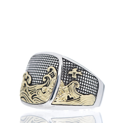 David Yurman Sterling Silver 18K Yellow Gold Waves Signet Ring 62 10 3 of 7