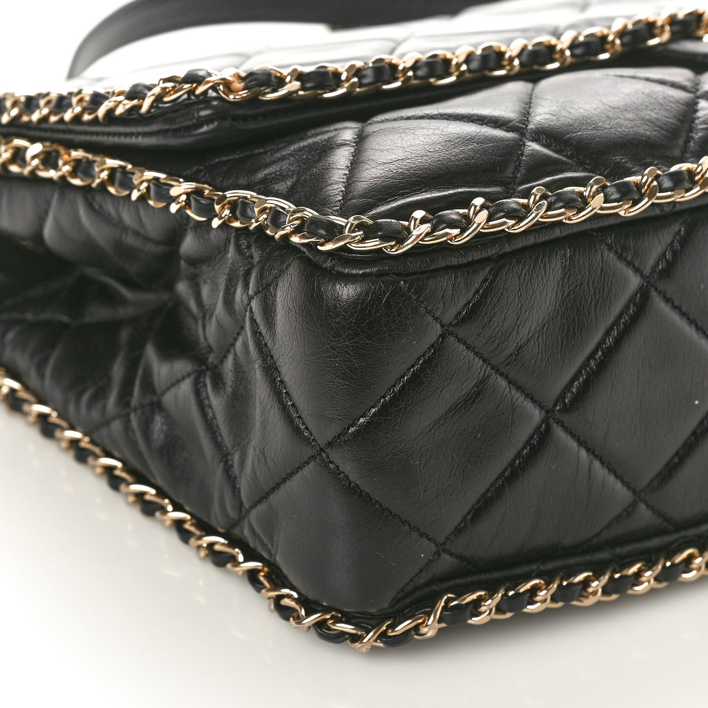 Crumpled Calfskin Quilted Large Chain All Over Flap Bag Black