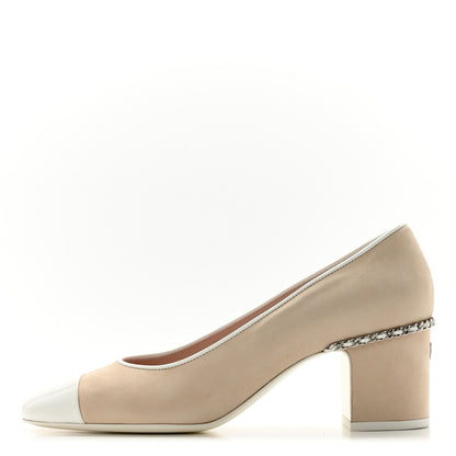 Chanel Velvet Matte Calfskin Patent Chain CC Cap Toe Pumps 39 Beige White 1 of 12