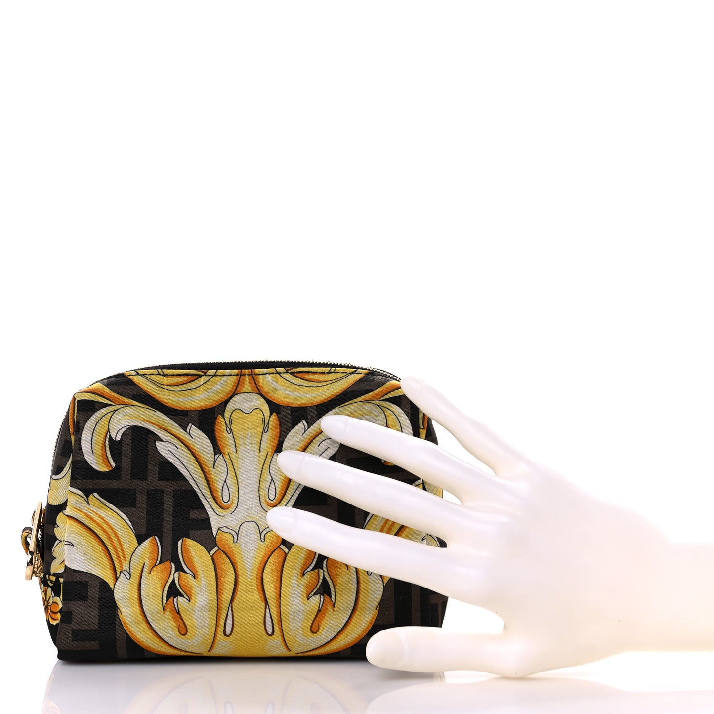 X VERSACE Nylon Fendace FF Baroque Print Small Trapezoid Beauty Pouch Gold