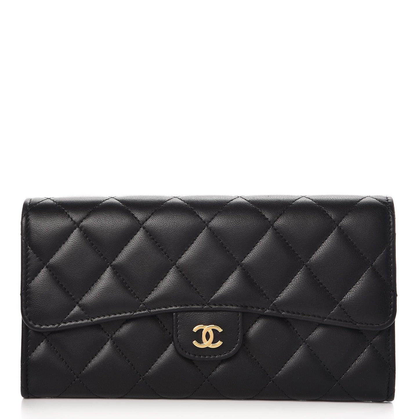 Lambskin Quilted Large Gusset Flap Wallet Black