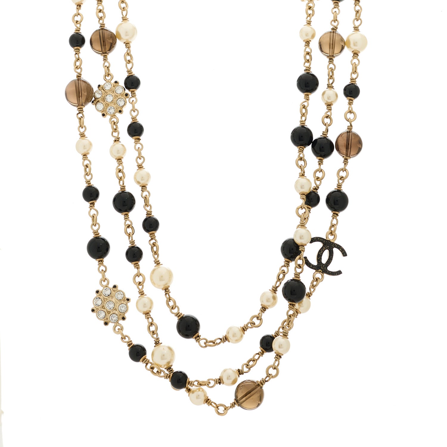 Chanel Pearl Crystal Bead CC Long Necklace Black Gold 1 of 5