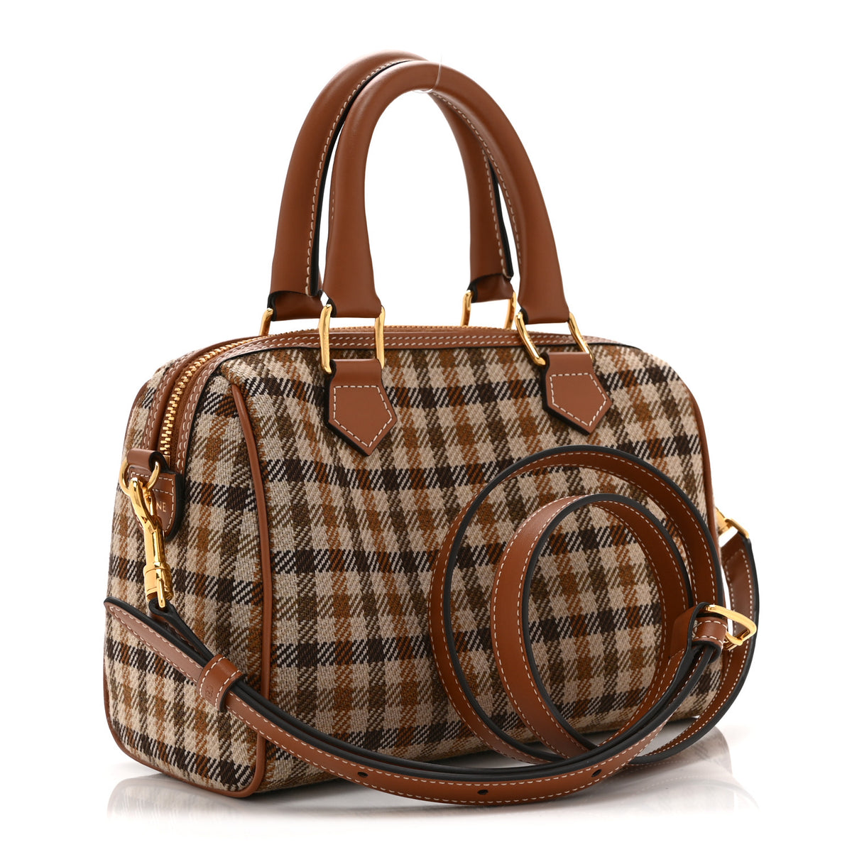 Celine Tweed Calfskin Triomphe Small Boston Bag Tan 3 of 10