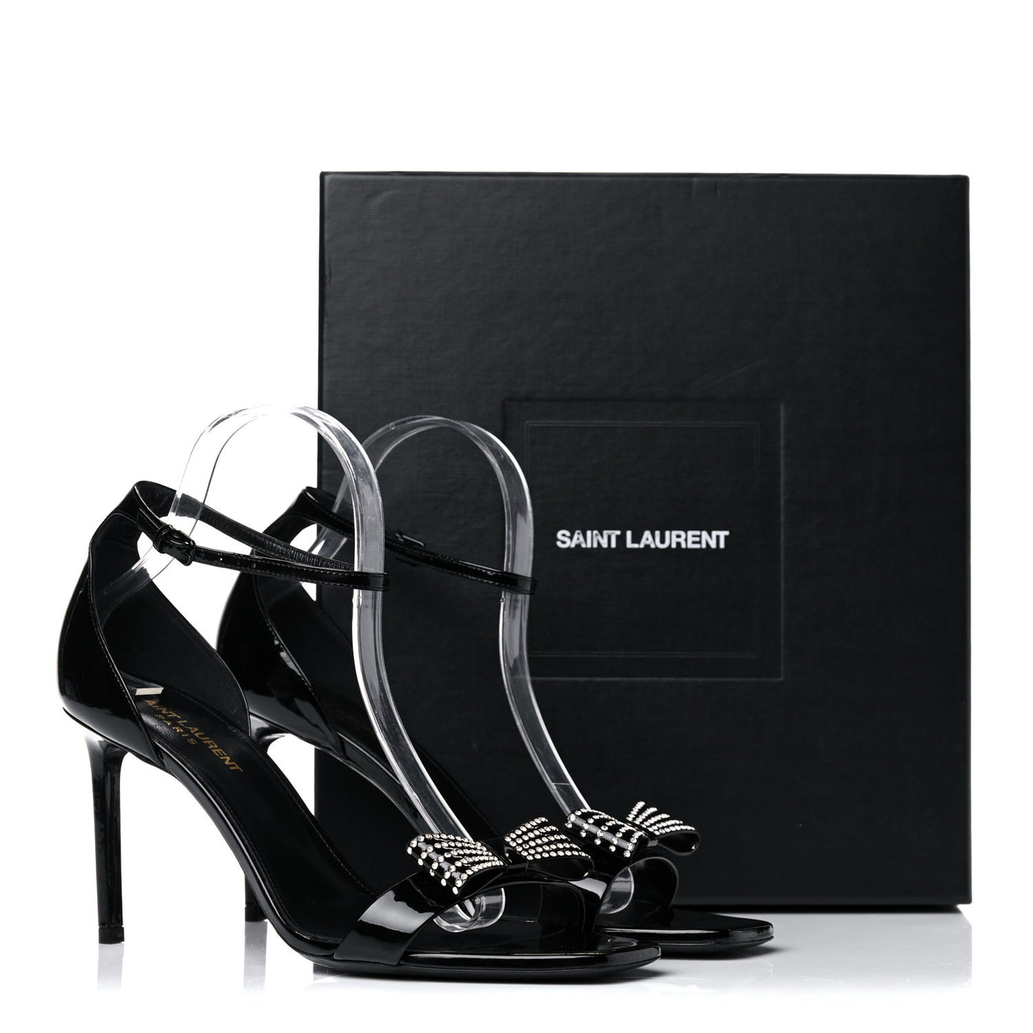 Patent Calfskin Crystal Amber Bow 85 Ankle Strap Sandals 40.5 Black