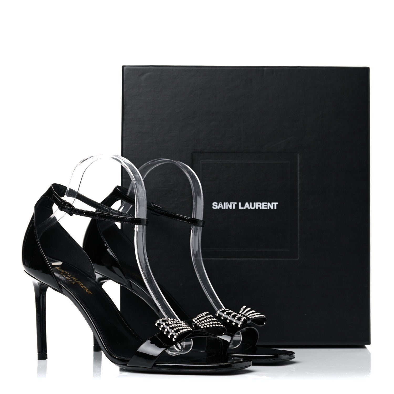 Saint Laurent Patent Calfskin Crystal Amber Bow 85 Ankle Strap Sandals 40.5 Black 15 of 15