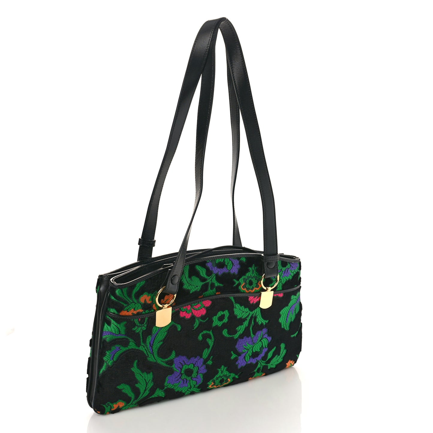 Velvet Jacquard Floral Embroidered Large Arli Top Handle Bag Black Green Multicolor
