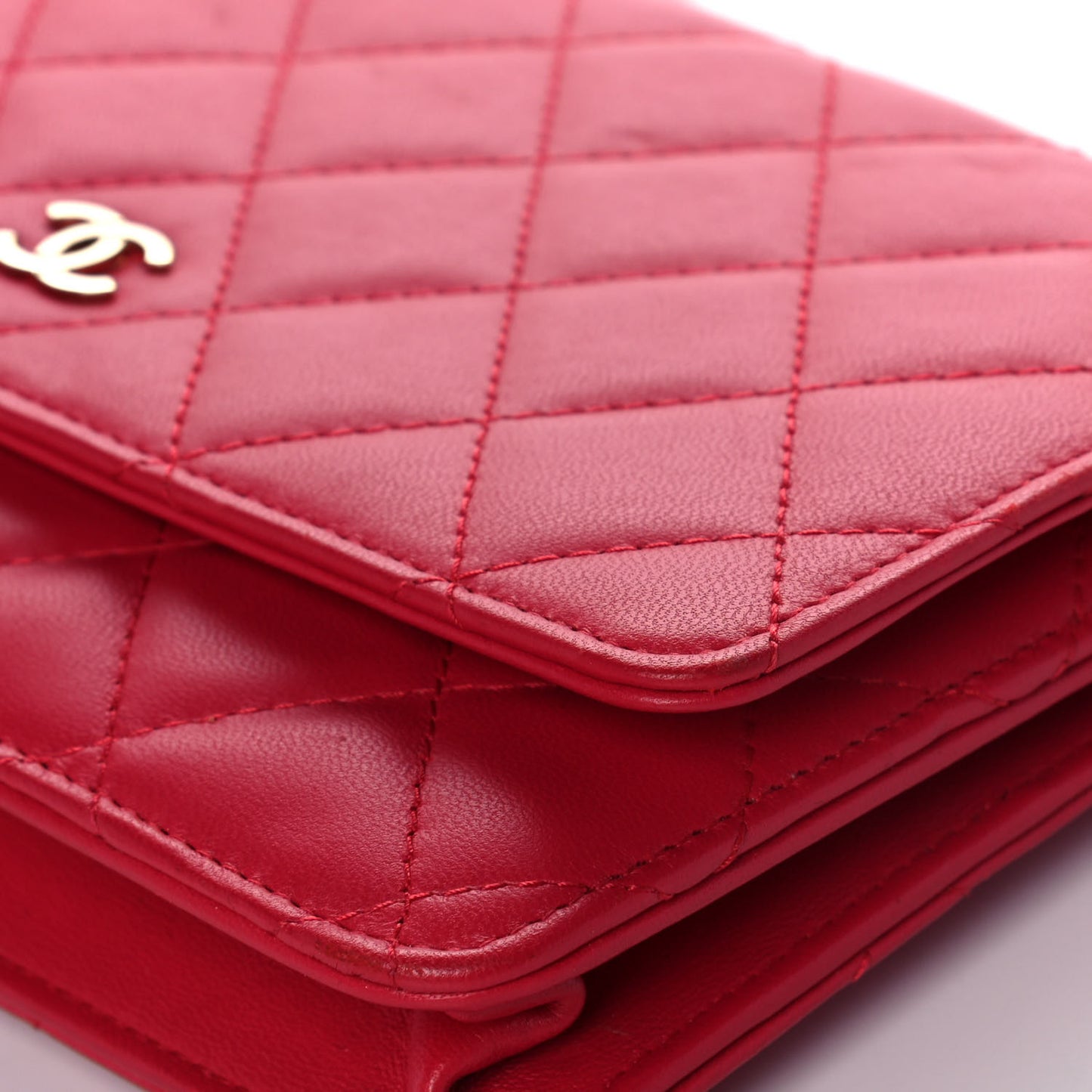 Lambskin Quilted Wallet On Chain WOC Light Red
