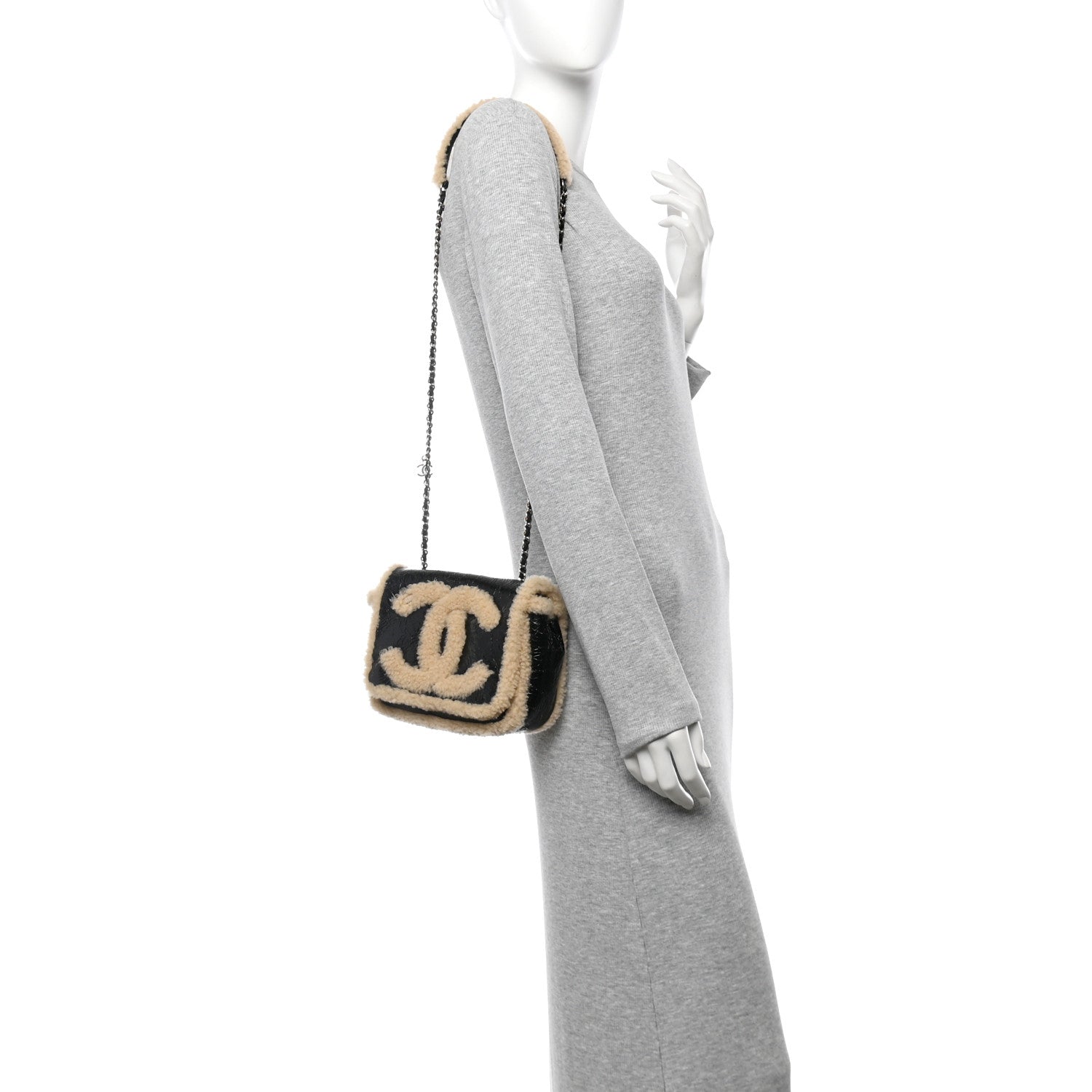 Chanel Shiny Crumpled Sheepskin Shearling CC Mania Flap Bag Black Beige 2 of 10