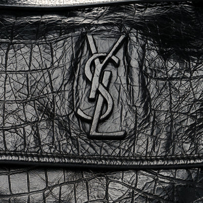 Saint Laurent Crinkled Calfskin Crocodile Embossed Monogram Medium Niki Chain Satchel Black 8 of 10