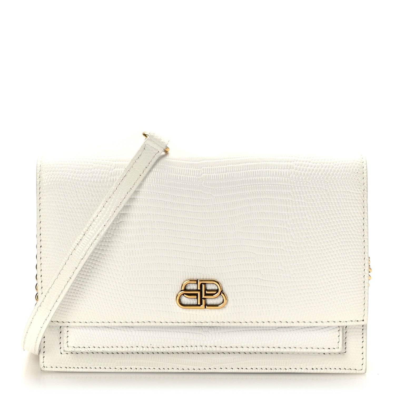 Balenciaga Patent Calfskin Lizard Embossed Sharp Crossbody Clutch White 1 of 9