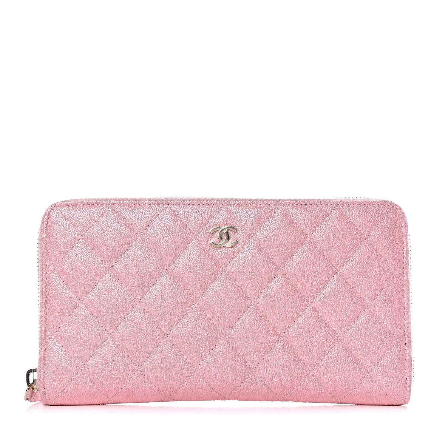Iridescent Caviar Quilted Large Zip Around Organizer Wallet Pink