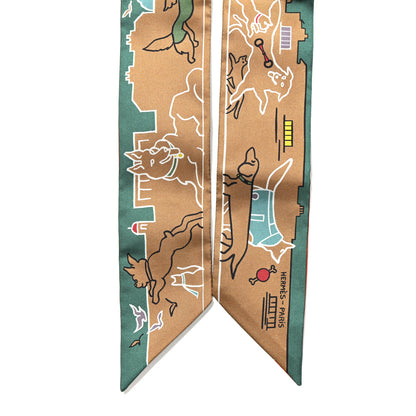 Hermes Silk Les Chiens Parisiens Twilly Beige Dore Vert Orange 2 of 4