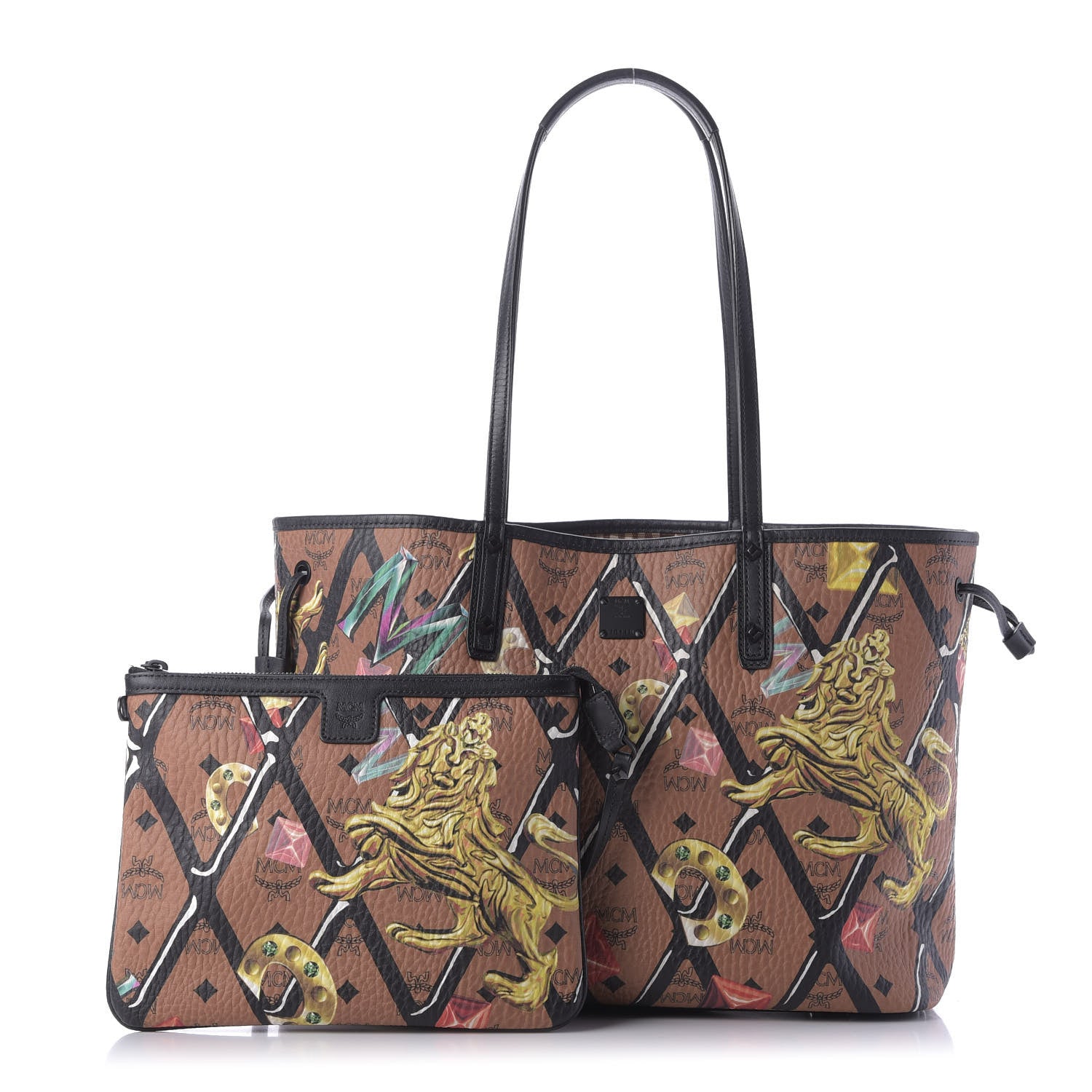 MCM Visetos Calfskin Motif Rombi Lion Printed Reversible Shopper Tote Cognac 1 of 10