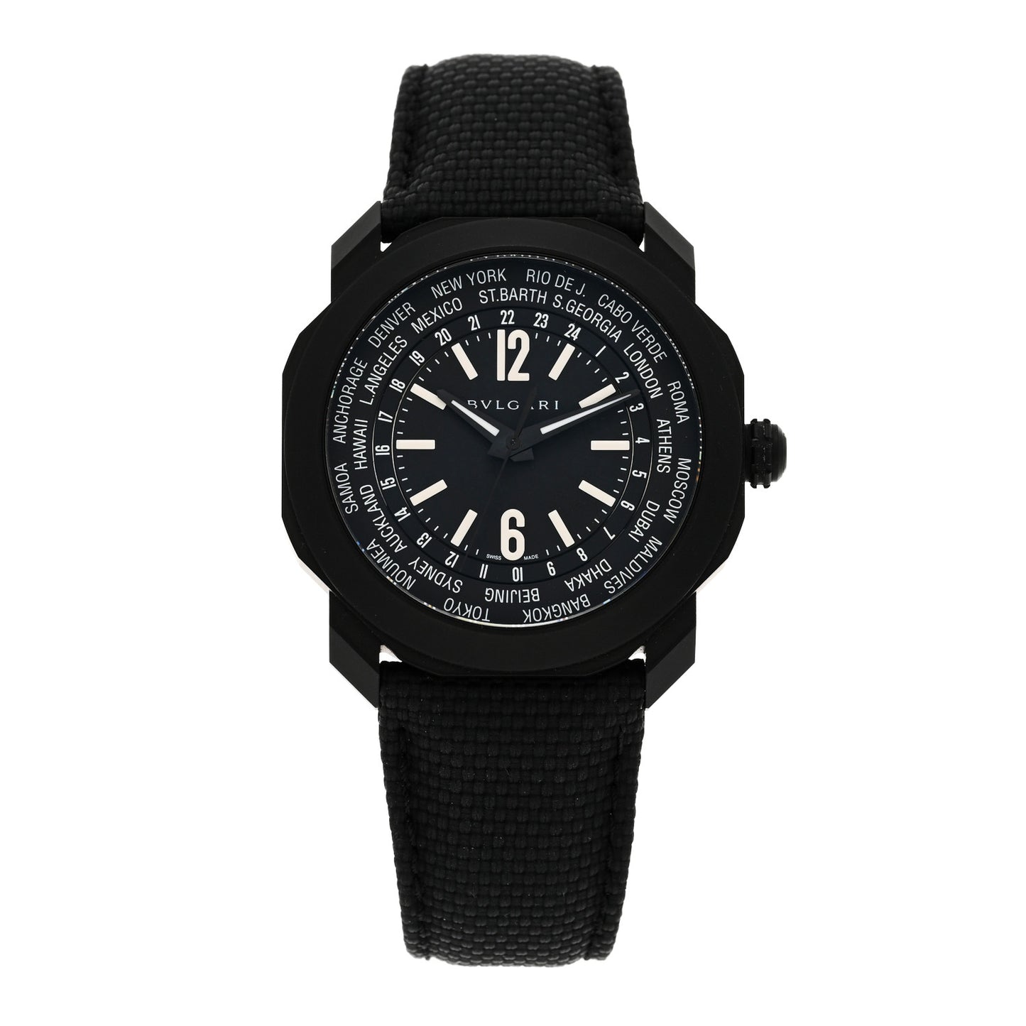 Stainless Steel Fabric 41mm Octo Roma Worldtimer Automatic Watch Black