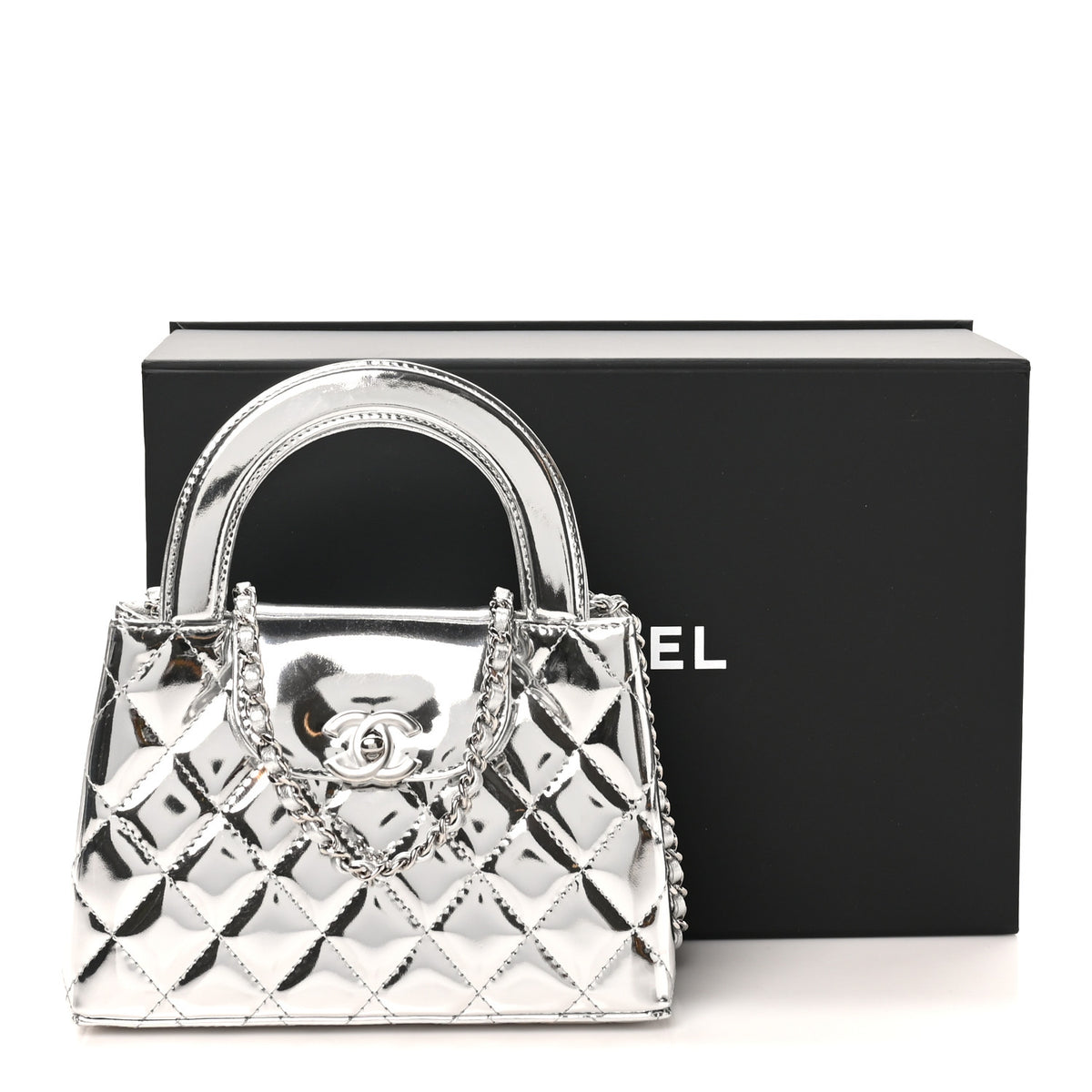 Mirror Calfskin Metallic Calfskin Quilted Nano Kelly Shopper Silvery