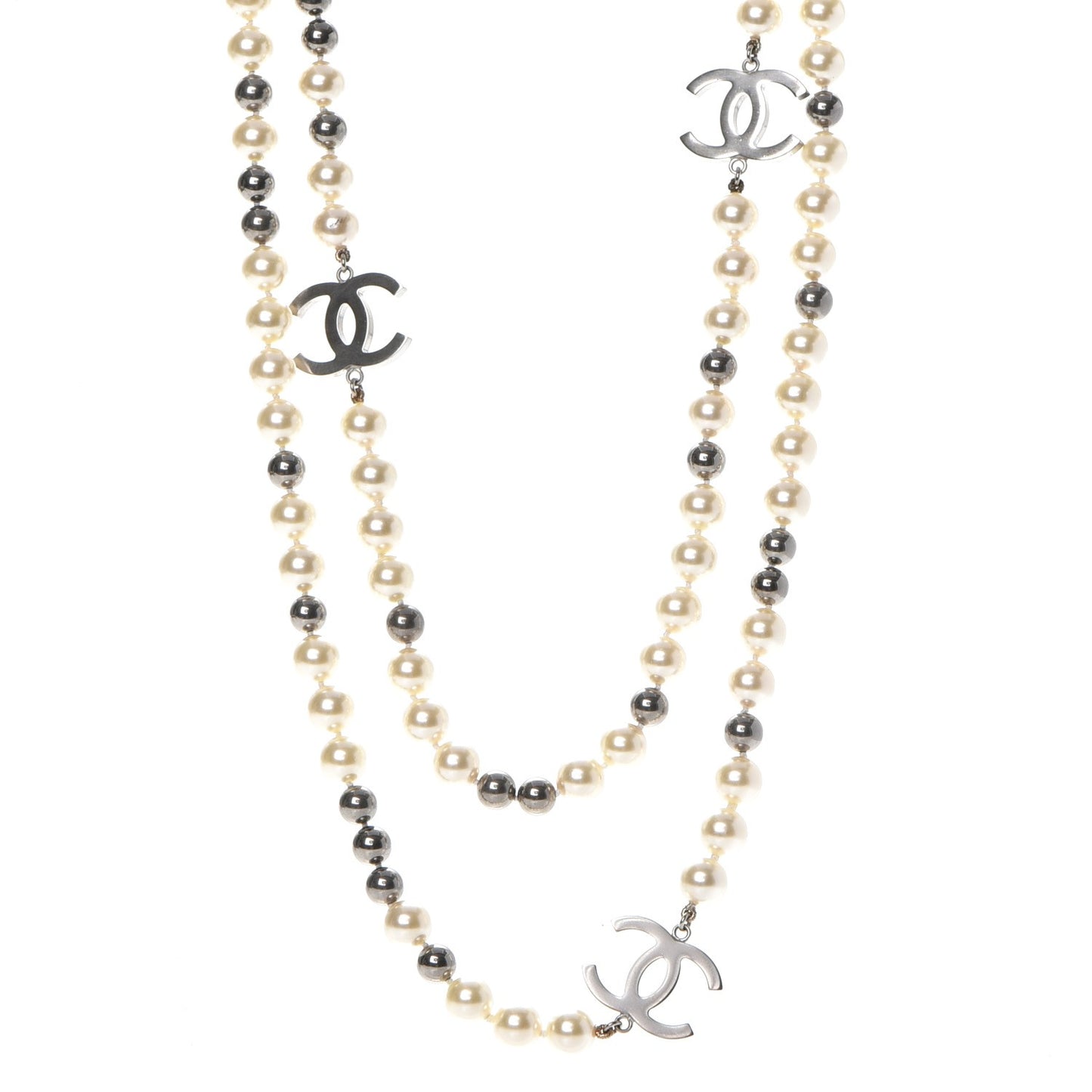 Pearl CC Long Necklace Silver