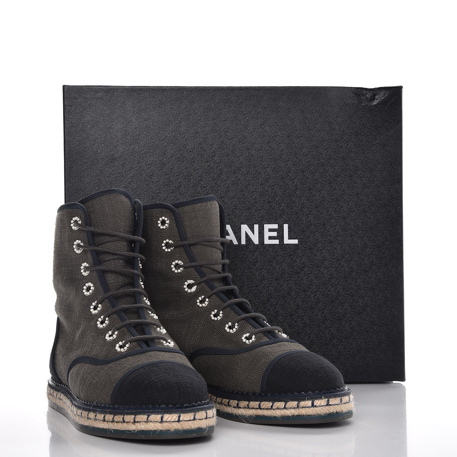 Chanel Cotton Lace Up High Top Espadrilles 39 Dark Green Black 9 of 9