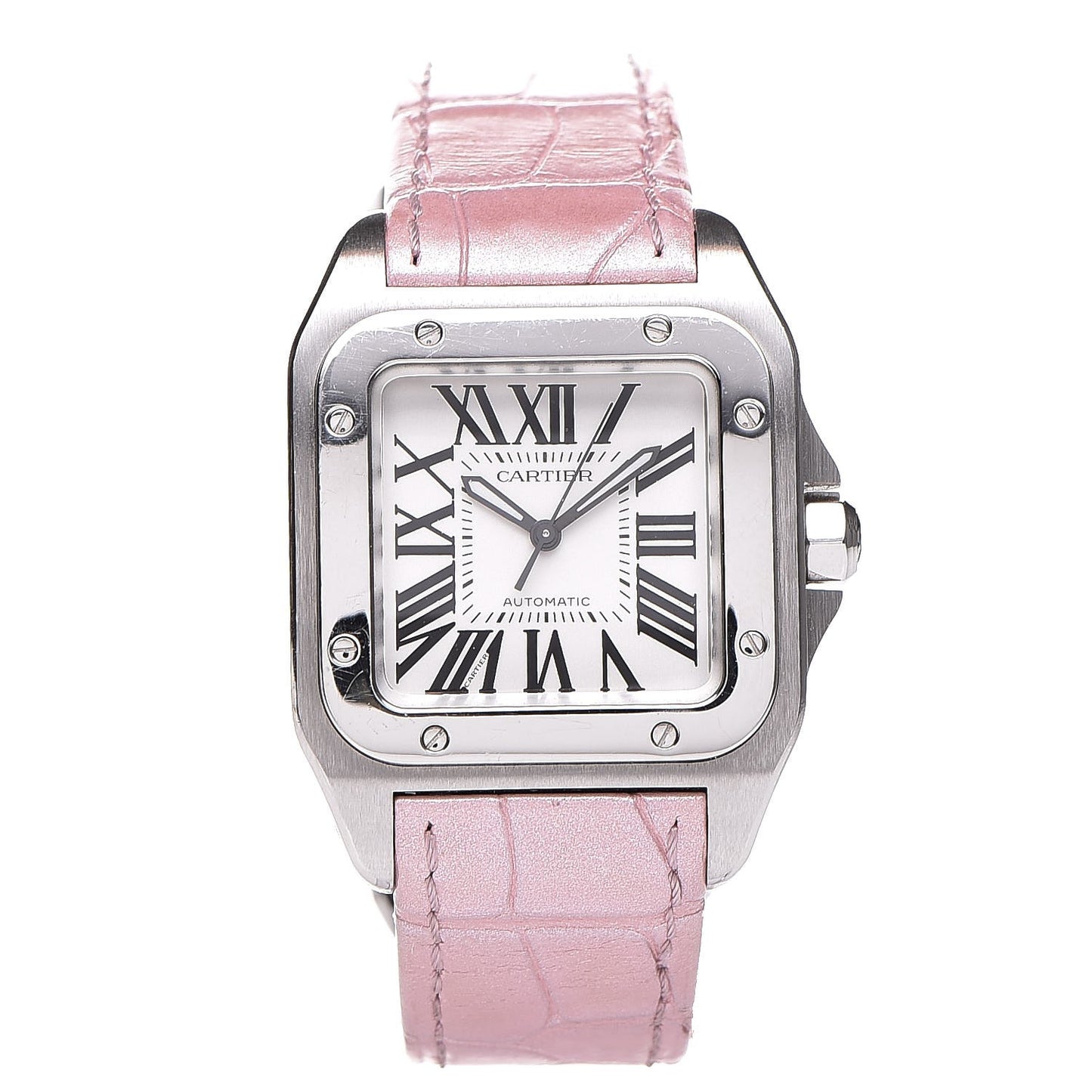 Stainless Steel Alligator 33mm Santos 100 Automatic Watch Pink