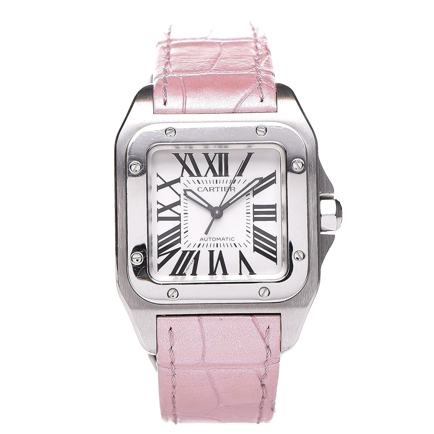 Cartier Stainless Steel Alligator 33mm Santos 100 Automatic Watch Pink 1 of 8