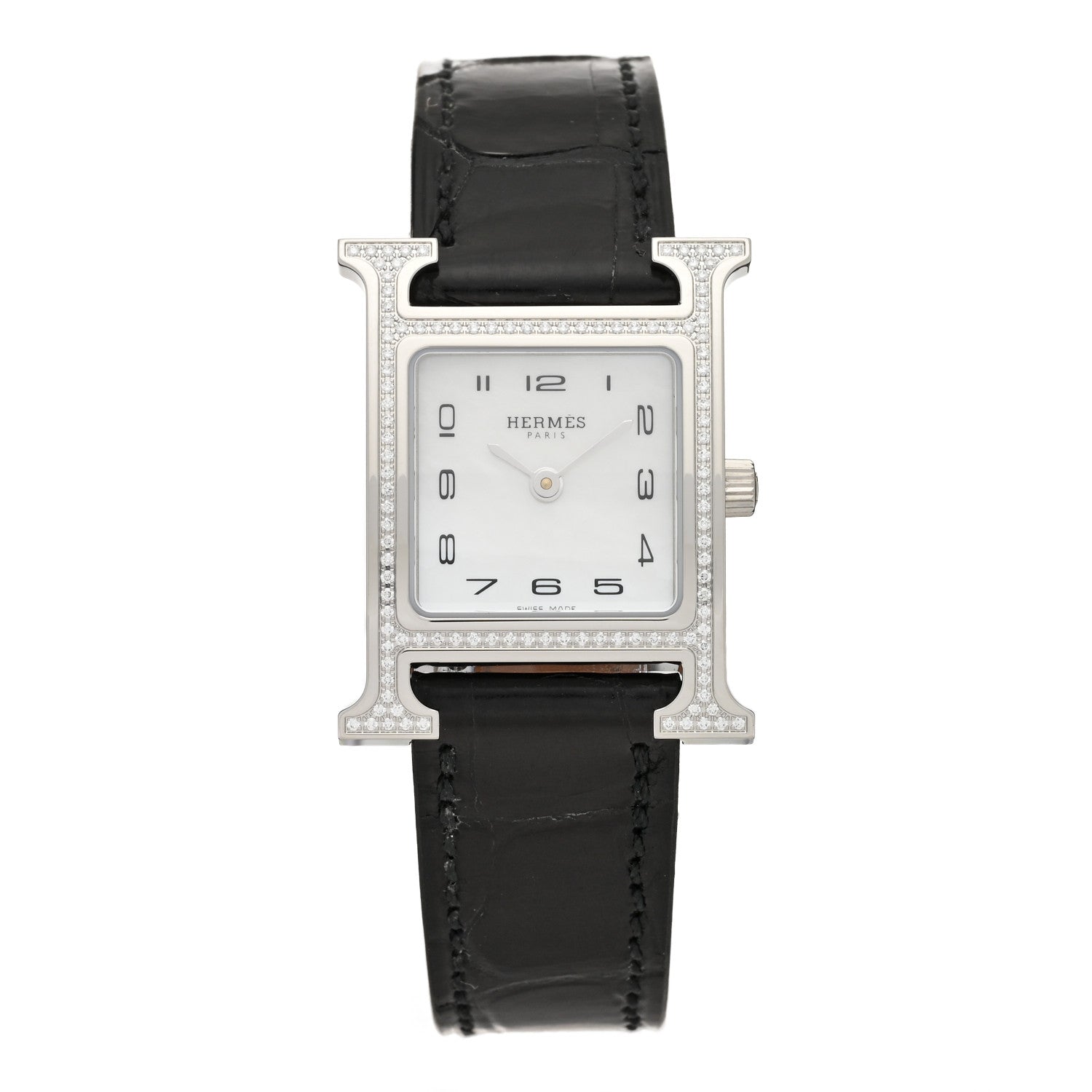 Hermes Stainless Steel Alligator Diamond Bezel Mother of Pearl 21mm Heure H Hour Quartz Watch Noir 1 of 4