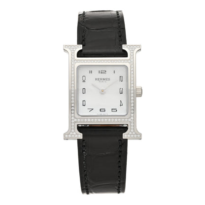 Hermes Stainless Steel Alligator Diamond Bezel Mother of Pearl 21mm Heure H Hour Quartz Watch Noir 1 of 4