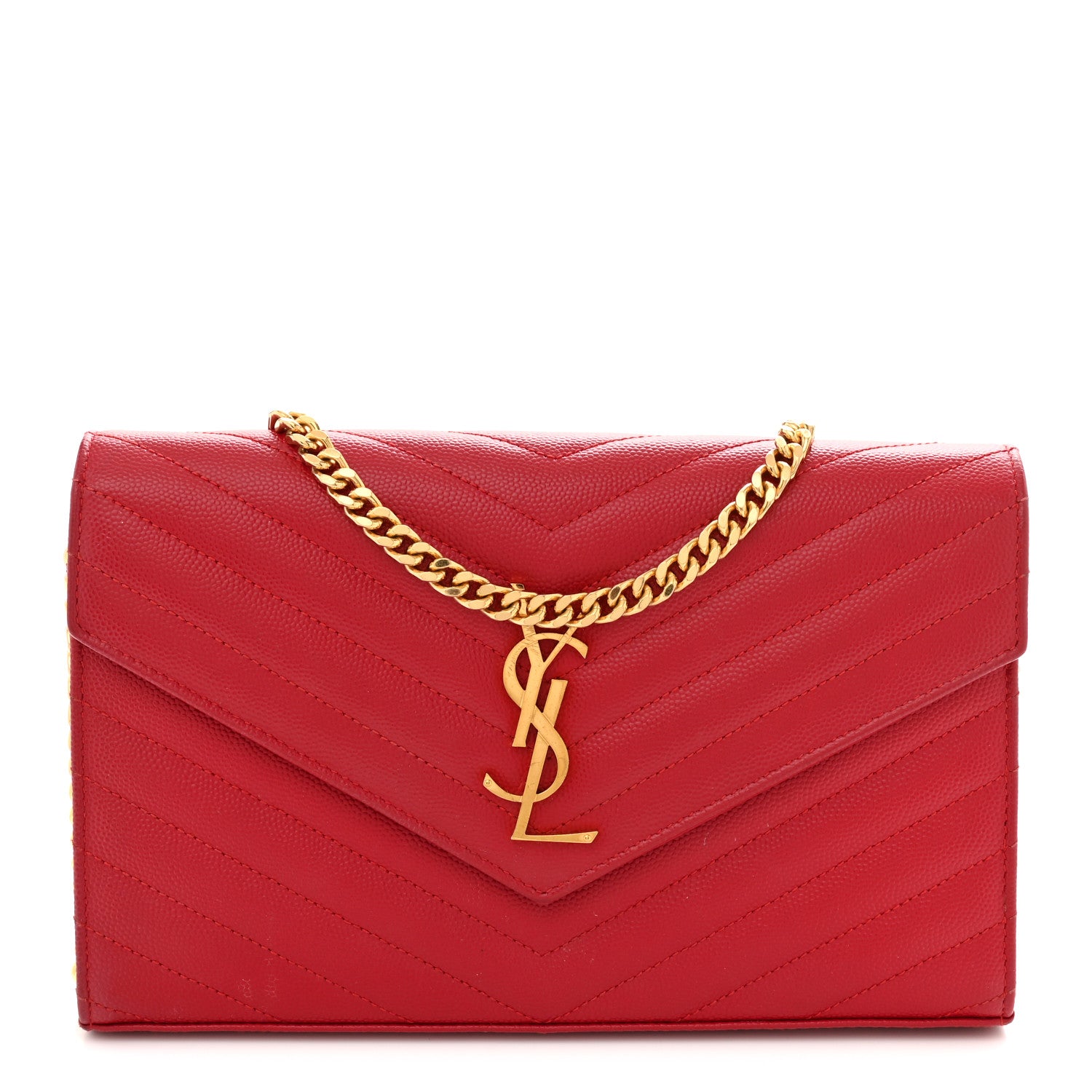 Saint Laurent Grain De Poudre Matelasse Chevron Monogram Chain Wallet New Red 1 of 12