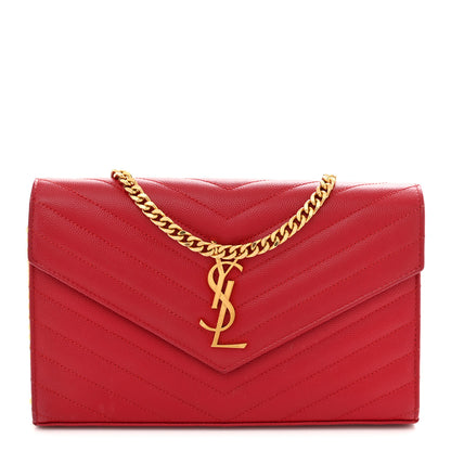 Saint Laurent Grain De Poudre Matelasse Chevron Monogram Chain Wallet New Red 1 of 12