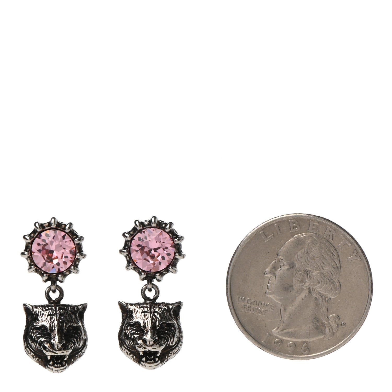 Gucci Metal Crystal Feline Earrings Aged Silver Pink 2 of 4