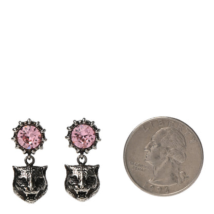 Gucci Metal Crystal Feline Earrings Aged Silver Pink 2 of 4