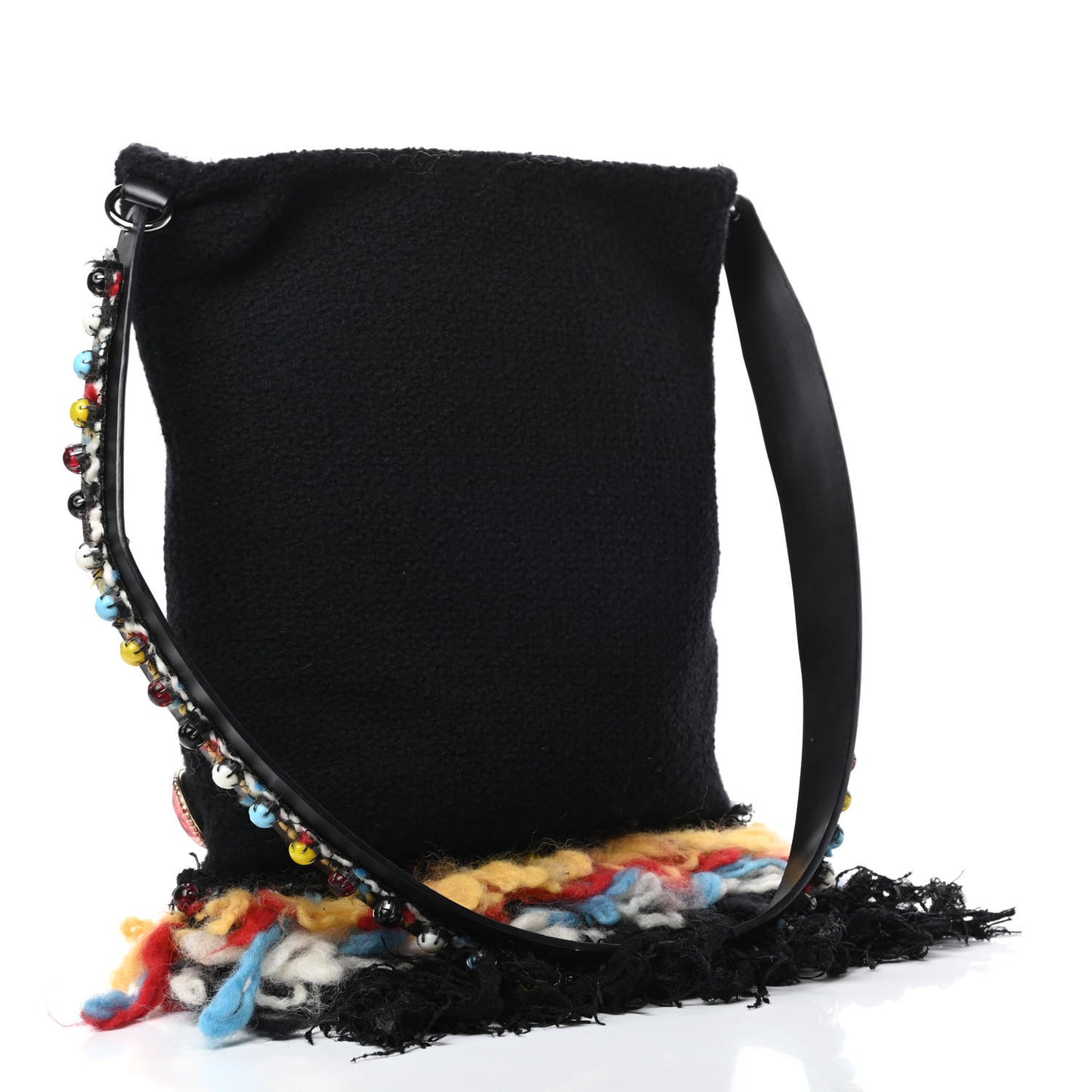 Wool Brooch Embellished Small Fringe Tote Black