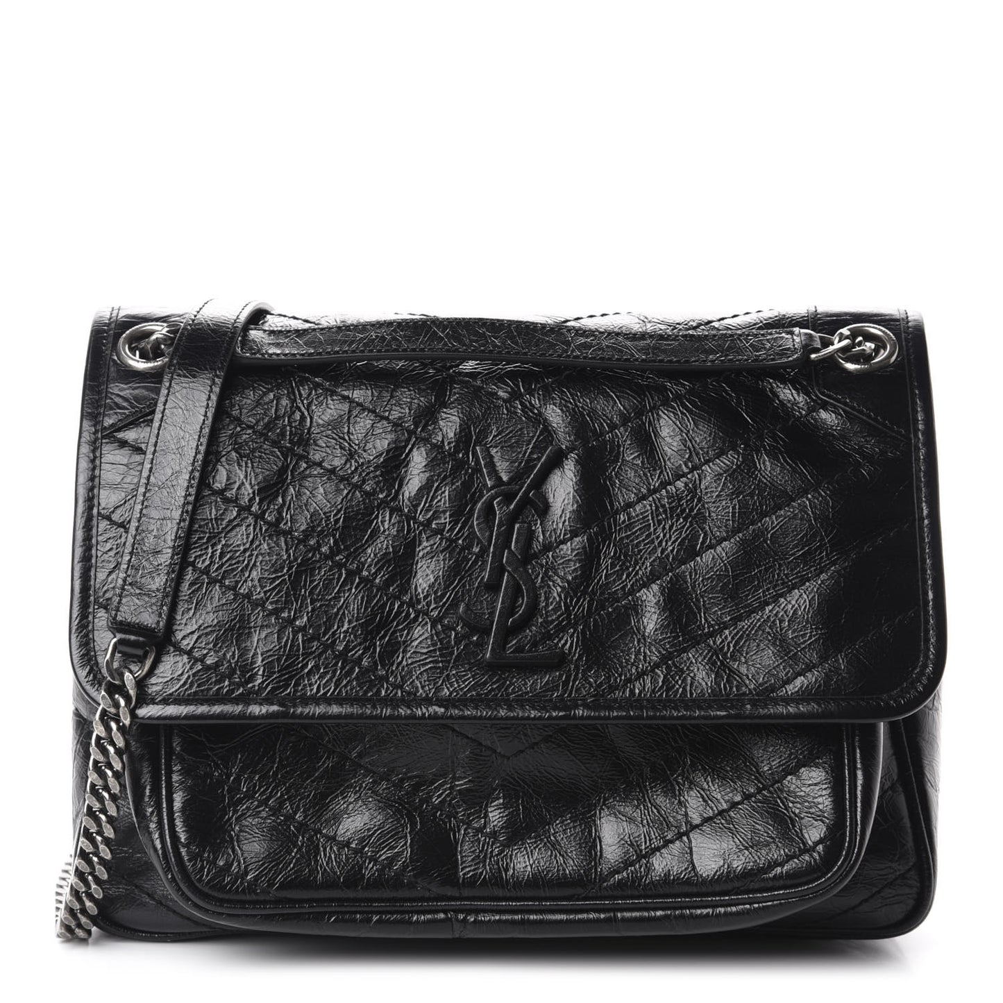 Crinkled Calfskin Matelasse Monogram Medium Niki Chain Satchel Black