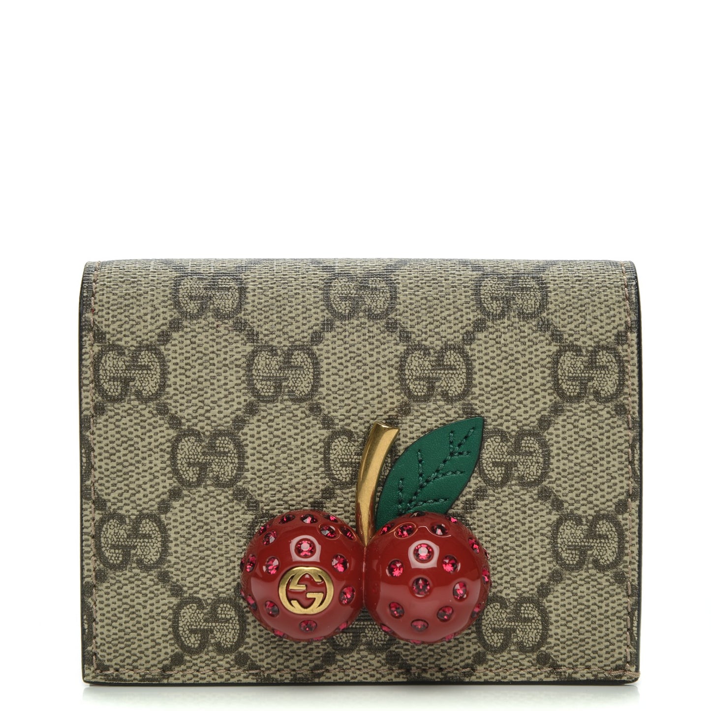 GG Supreme Monogram Cherry Embellished Card Case Wallet Hibiscus Red