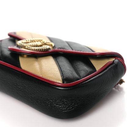Gucci Vintage Effect Calfskin Matelasse Diagonal Striped Mini Torchon GG Marmont Shoulder Bag Black Beige 10 of 10