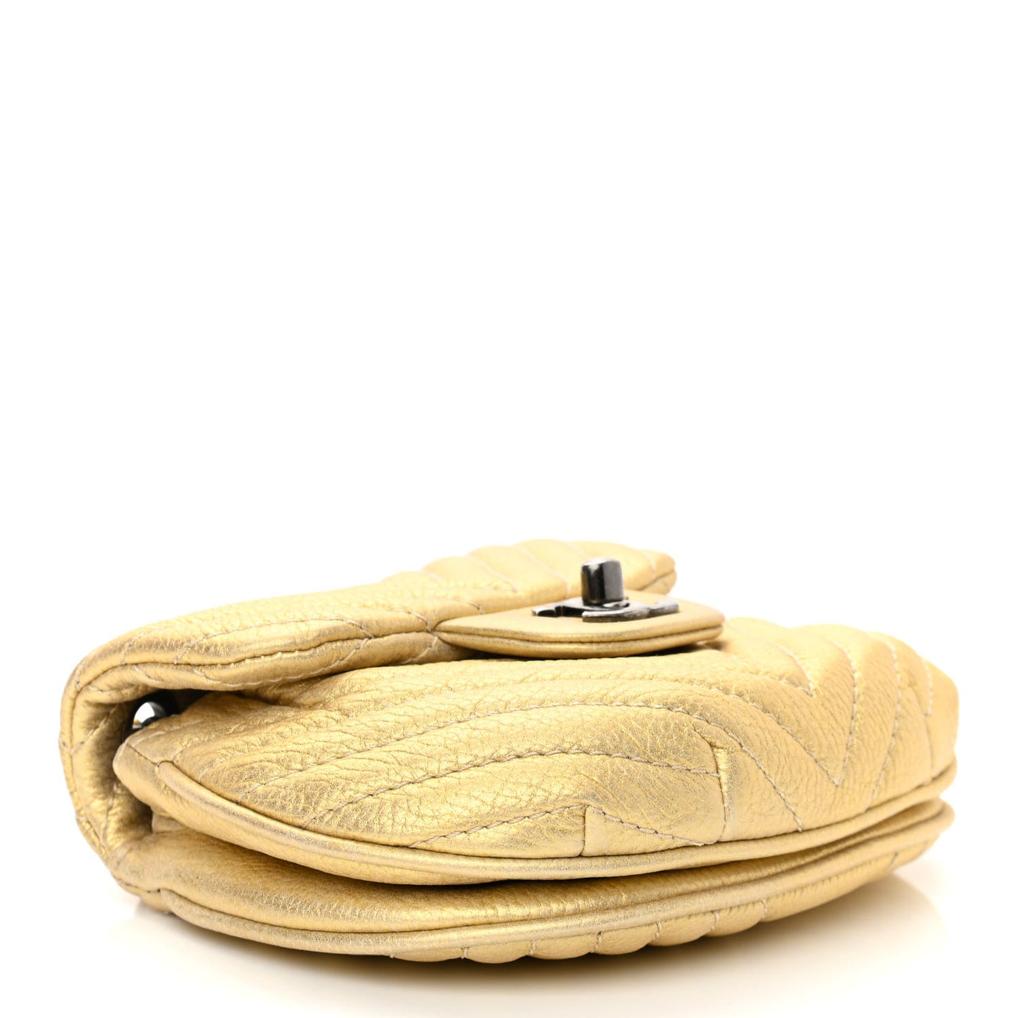 Metallic Aged Calfskin Chevron Small Bubble CC Flap Gold
