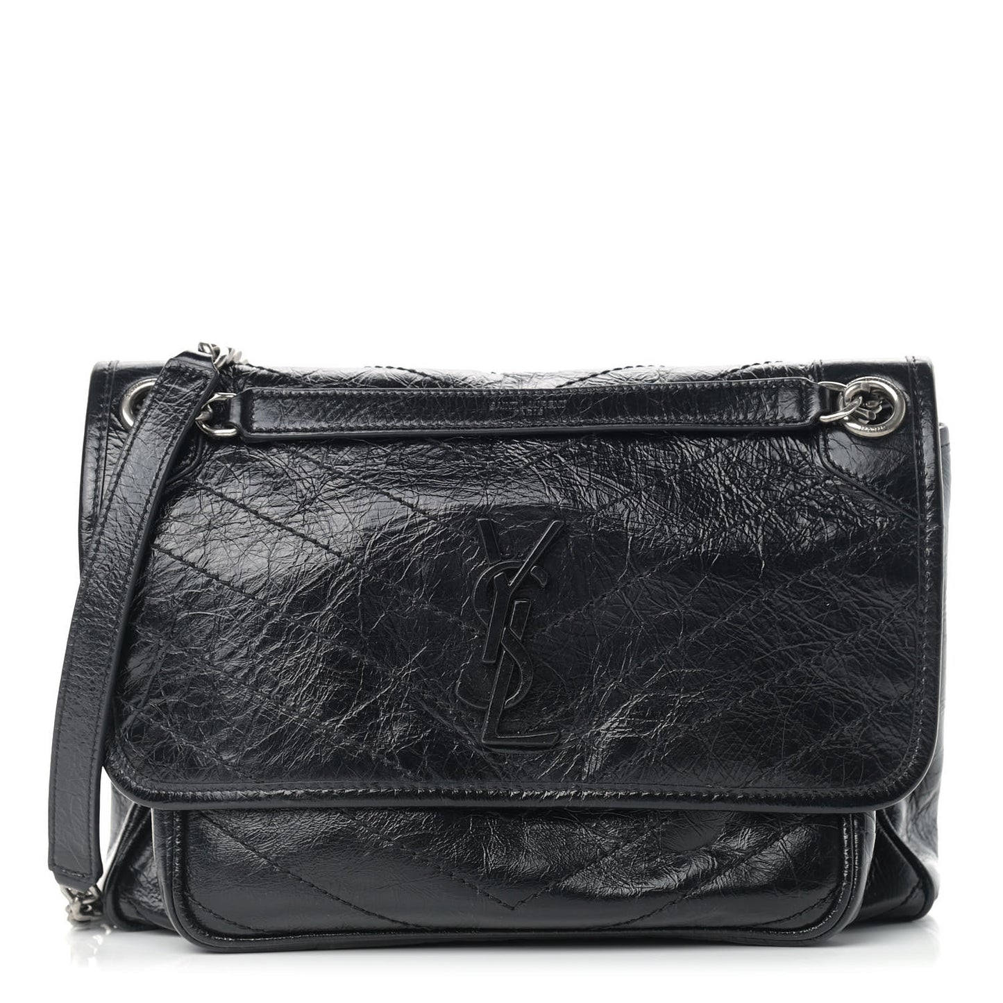 Crinkled Calfskin Matelasse Monogram Medium Niki Chain Satchel Black