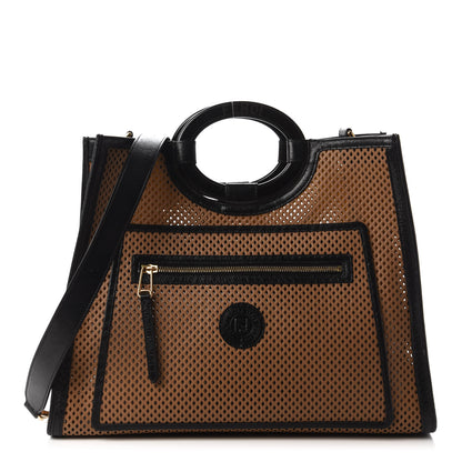 Fendi Vitello Liberty Glossy Lambskin Perforated Medium Runaway Shopper Tote Sand Mimosa Black 1 of 9
