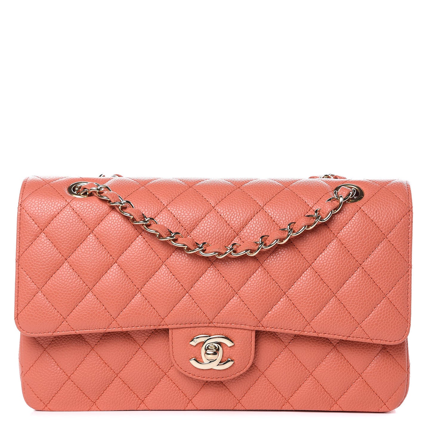 Caviar Quilted Medium Double Flap Coral