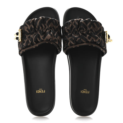 Fendi Satin FF Fendi Feel Slide Sandals 41 Tobacco Black 2 of 11