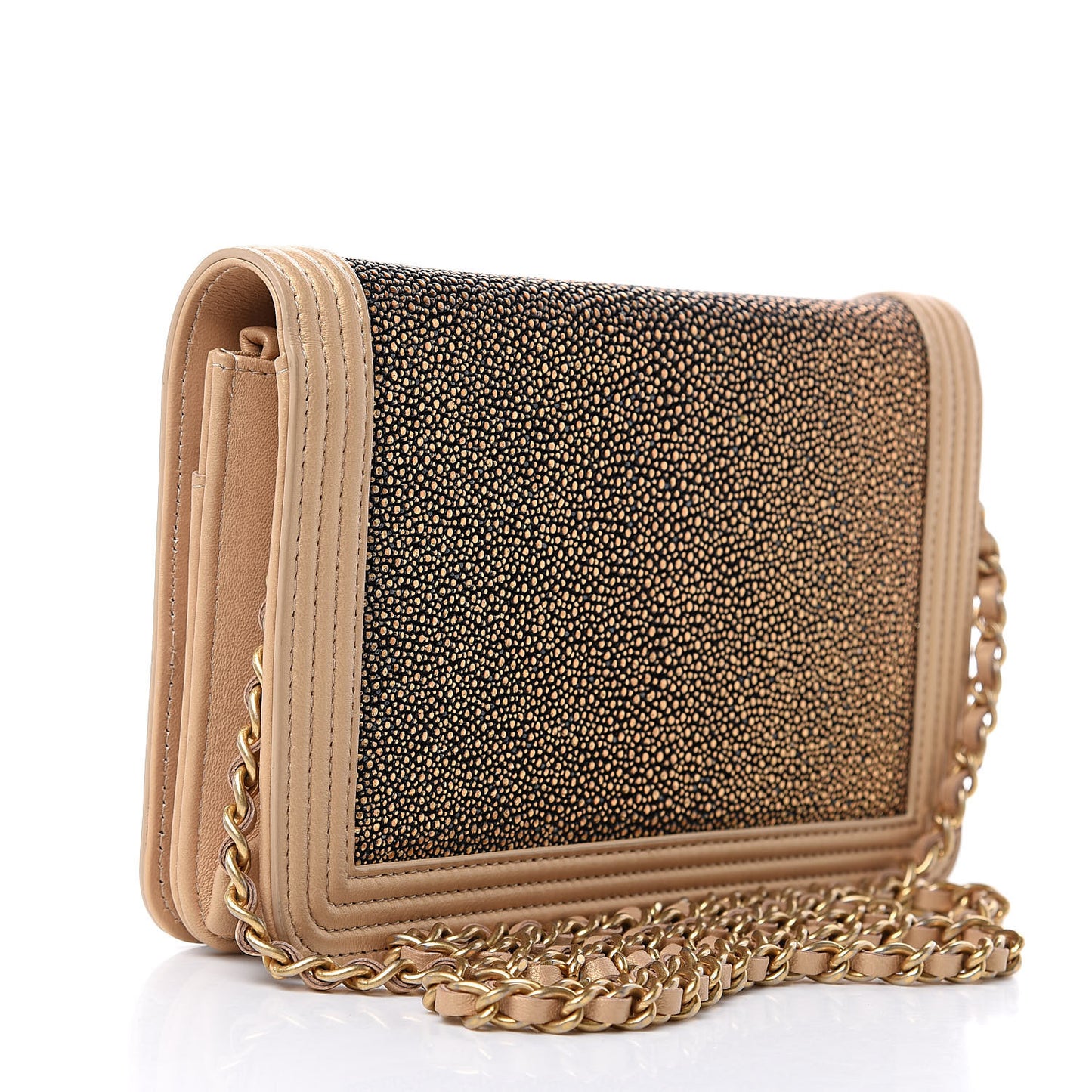 Metallic Galuchat Stingray Lambskin Boy Wallet On Chain WOC Gold