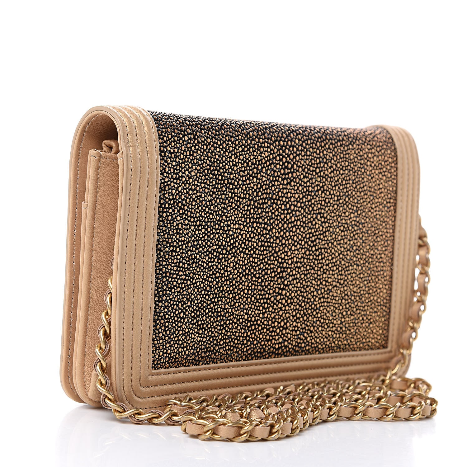 Chanel Metallic Galuchat Stingray Lambskin Boy Wallet On Chain WOC Gold 3 of 15