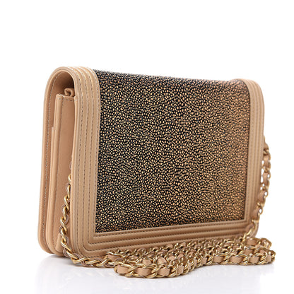 Chanel Metallic Galuchat Stingray Lambskin Boy Wallet On Chain WOC Gold 3 of 15