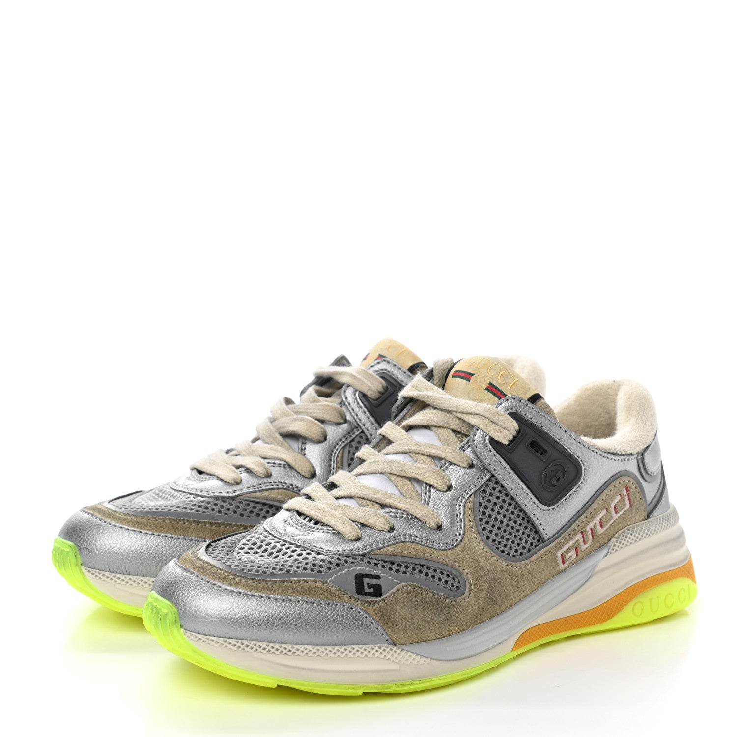 Gucci Metallic Calfskin Suede Womens Ultrapace Sneakers 36.5 Silver Oatmeal 3 of 7