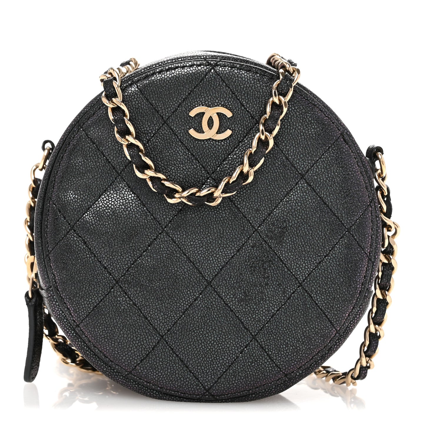 Iridescent Caviar Quilted Round Clutch With Chain Black