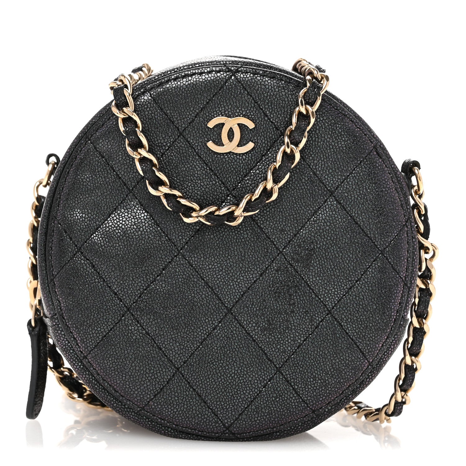 Chanel Iridescent Caviar Quilted Round Clutch With Chain Black 8 of 12