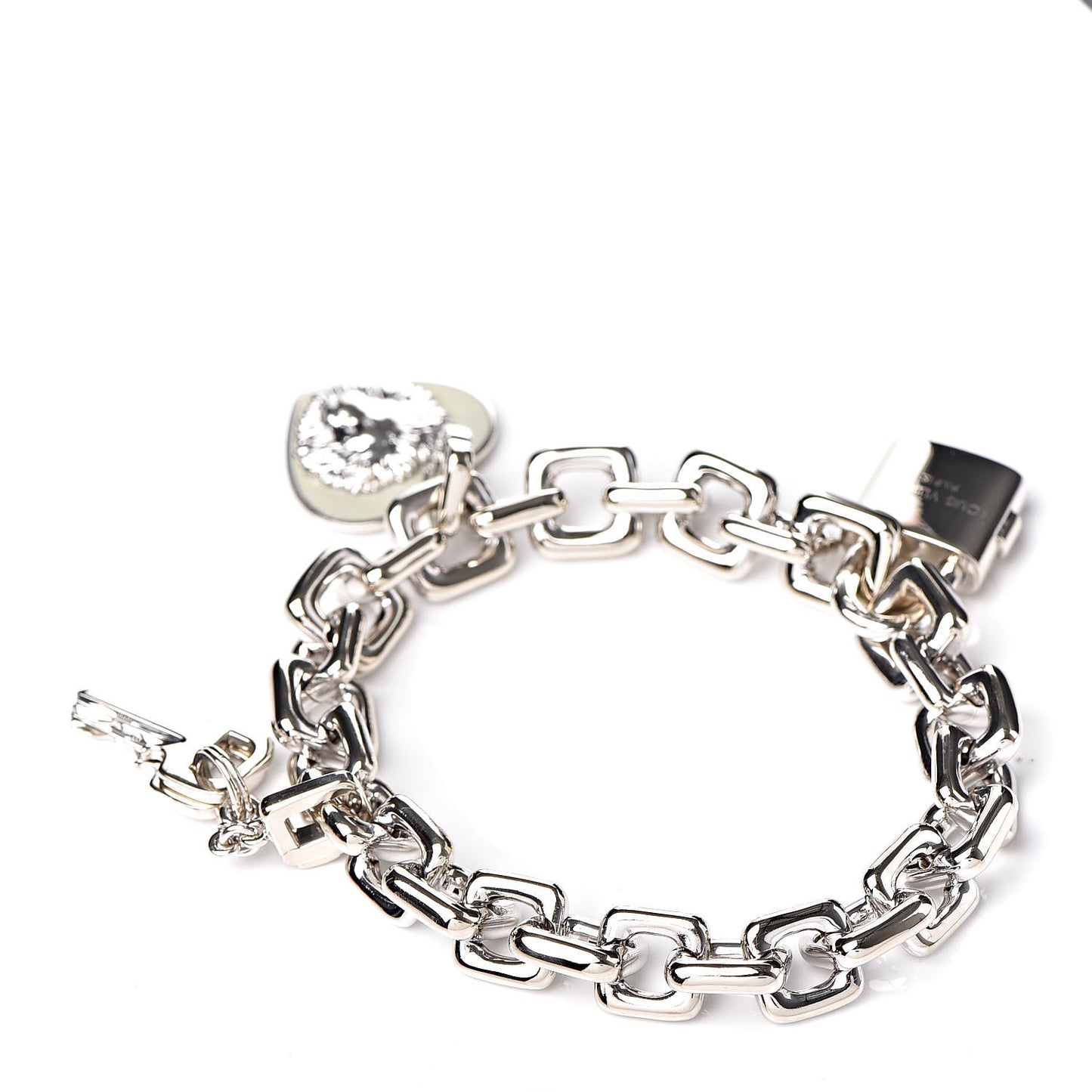 18K White Gold Safran Be Well Lion Padlock Keys Charm Bracelet