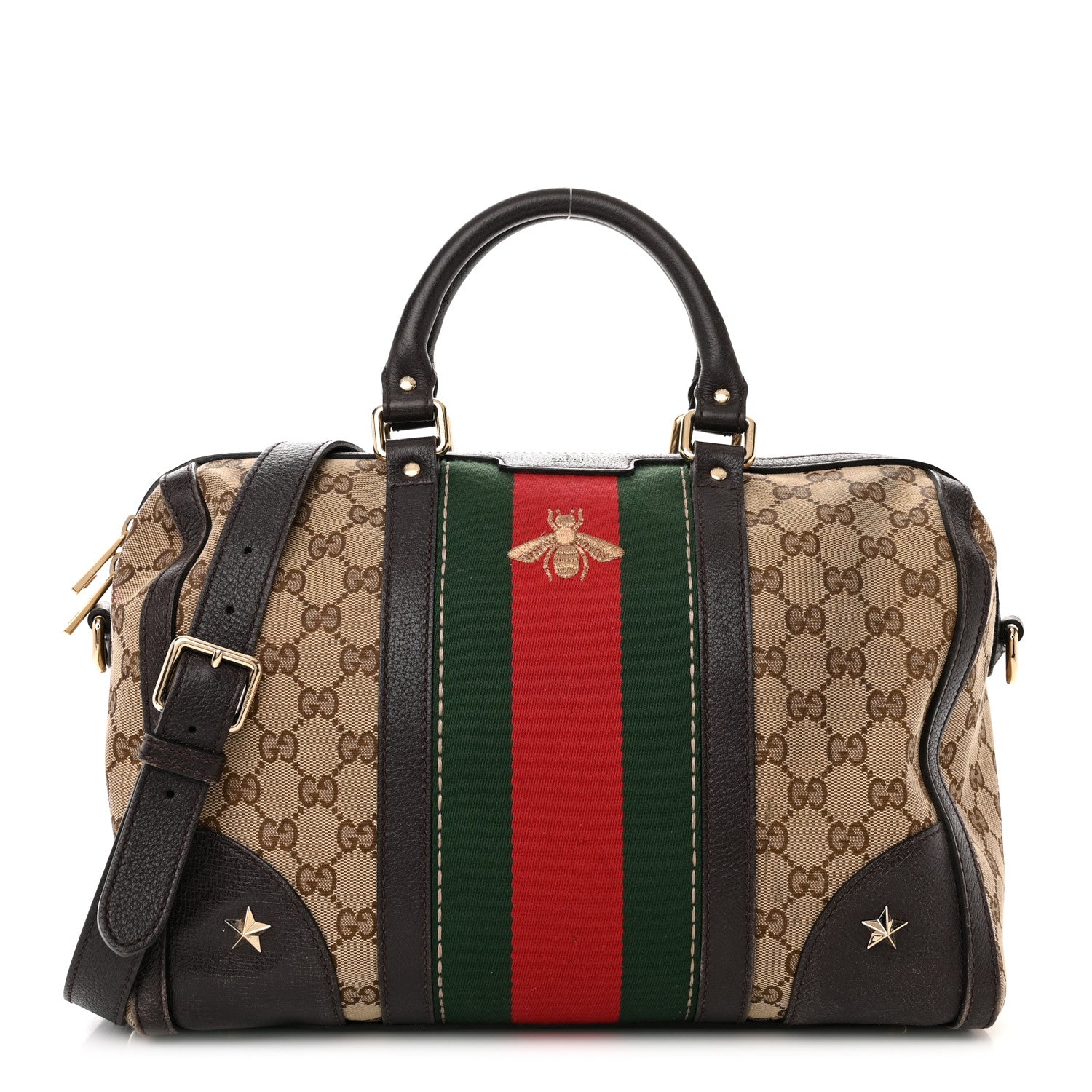 Gucci Monogram Vintage Web Medium Webby Bee Boston Dark Brown 1 of 18