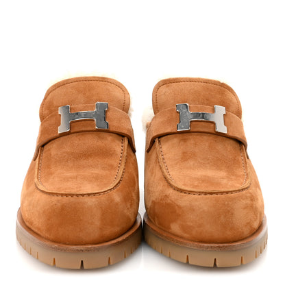 Hermes Suede Goatskin Woolskin Flore 60 Mules 38.5 Brun Amourette Ecru 3 of 8