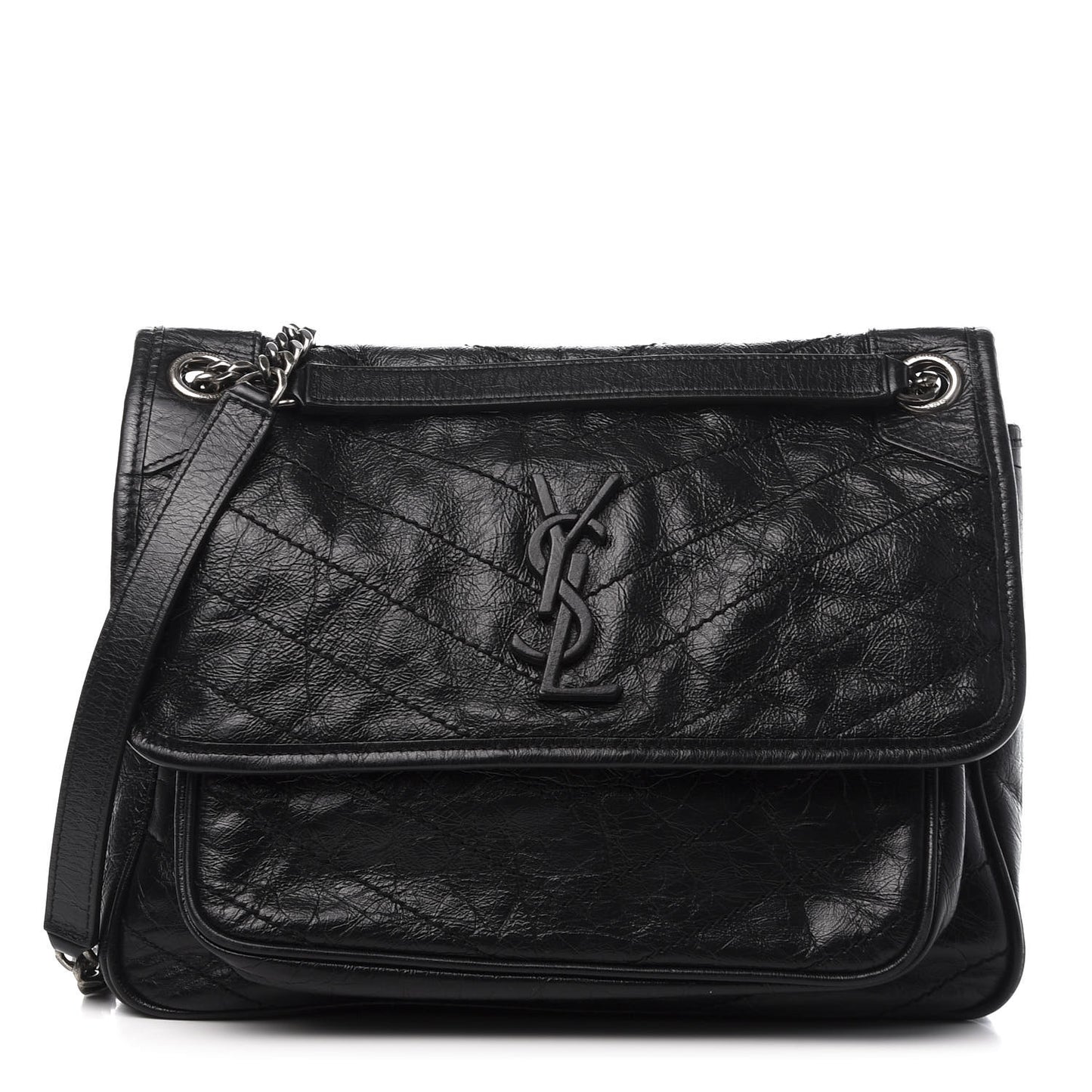 Crinkled Calfskin Matelasse Monogram Medium Niki Chain Satchel Black
