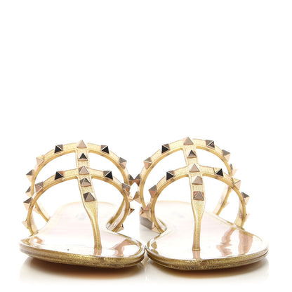 Valentino Garavani PVC Jelly Glitter Rockstud Caged Flat Thong Sandals 35 Oro 2 of 8