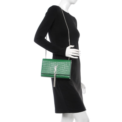 Saint Laurent Calfskin Crocodile Embossed Medium Classic Monogram Kate Tassel Satchel Green 2 of 7